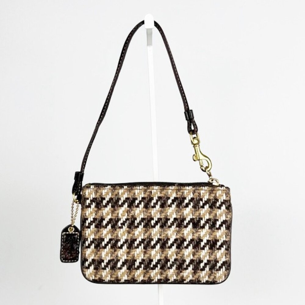 Coach Wool Leather Houndstooth Fall Autumn Warm Small Mini Zip Wristlet